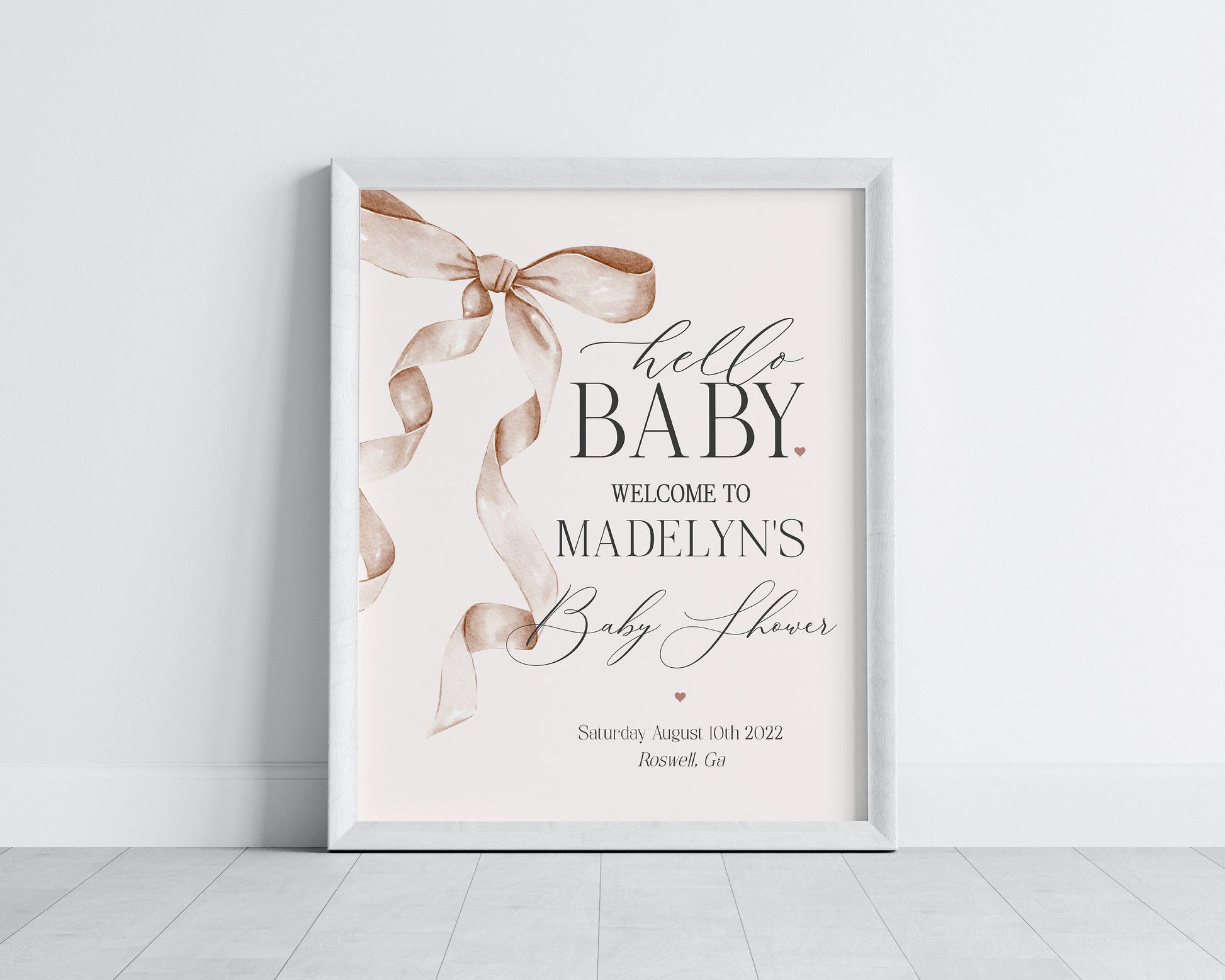 Beige Bow Baby Shower Welcome Sign Printable Template, Watercolor preppy coquette bow theme party for fancy southern girl grandmillenial bow