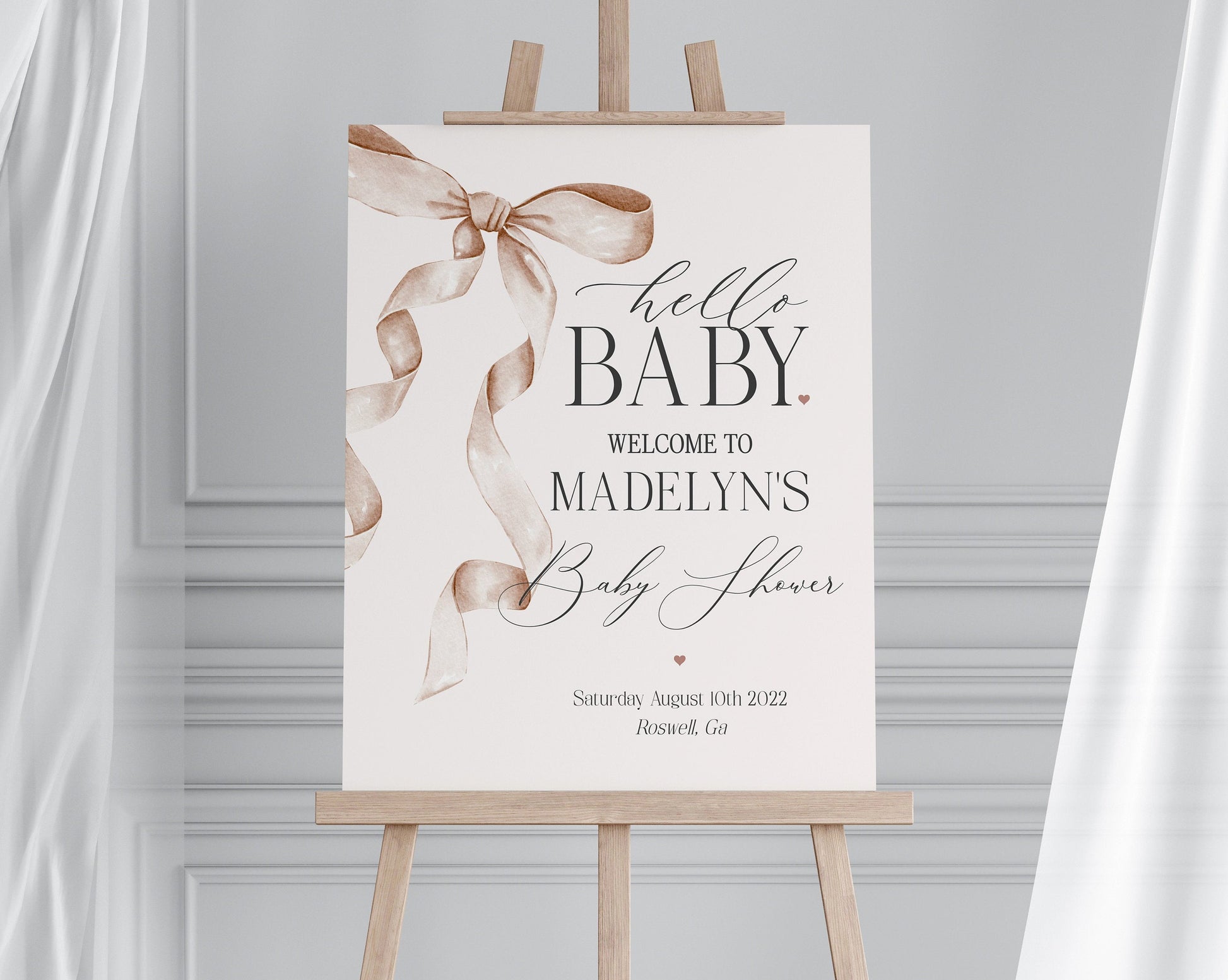 Beige Bow Baby Shower Welcome Sign Printable Template, Watercolor preppy coquette bow theme party for fancy southern girl grandmillenial bow