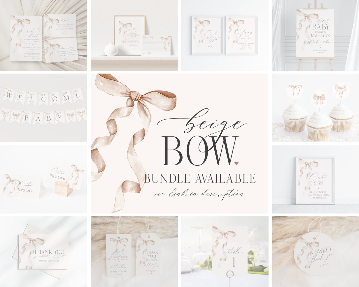 Beige Bow Baby Shower Welcome Sign Printable Template, Watercolor preppy coquette bow theme party for fancy southern girl grandmillenial bow