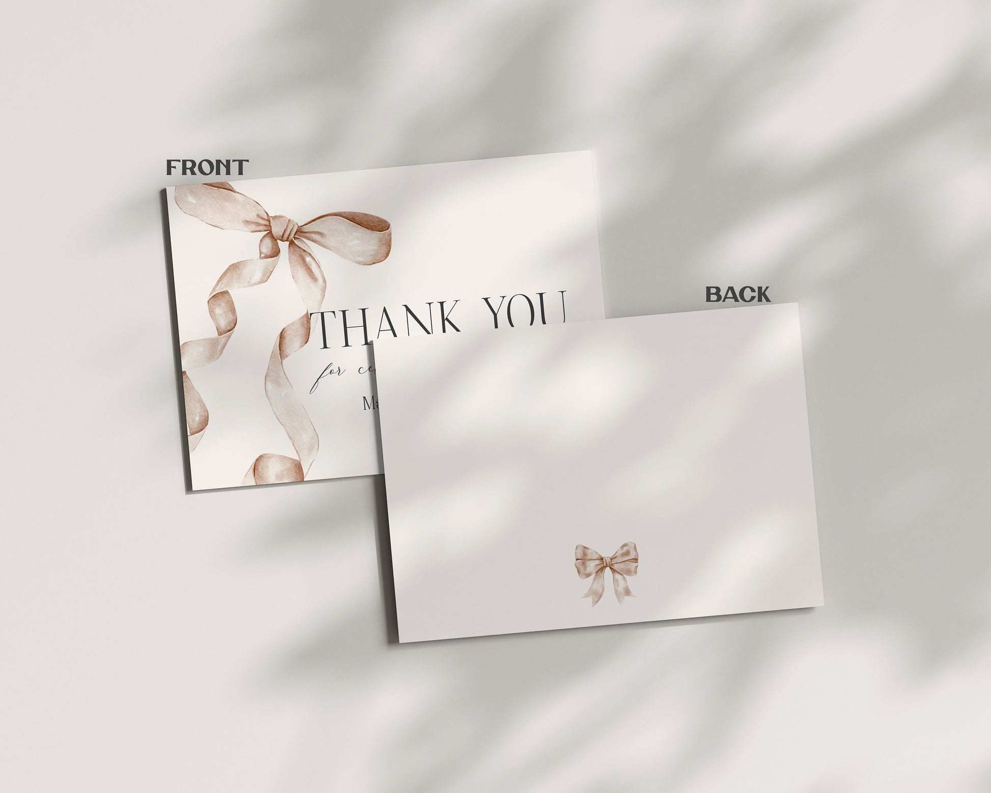 Beige Bow Thank You Card Printable Template, Neutral preppy coquette bow theme party for fancy southern girl, grandmillenial bow decor