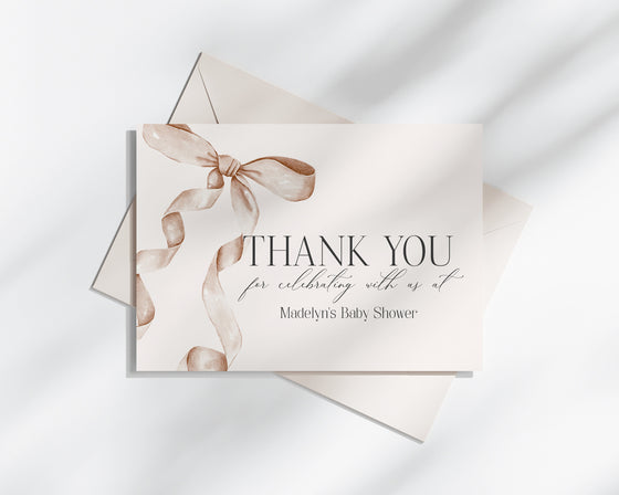 Beige Bow Thank You Card Printable Template, Neutral preppy coquette bow theme party for fancy southern girl, grandmillenial bow decor