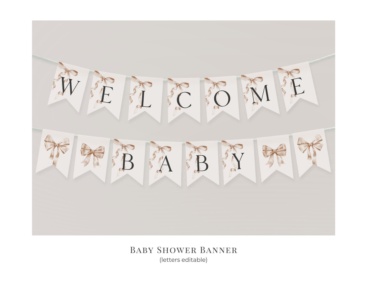 Beige Bow Baby Shower Banner Printable Template, Neutral preppy coquette bow theme party for fancy southern girl, grandmillenial bow decor