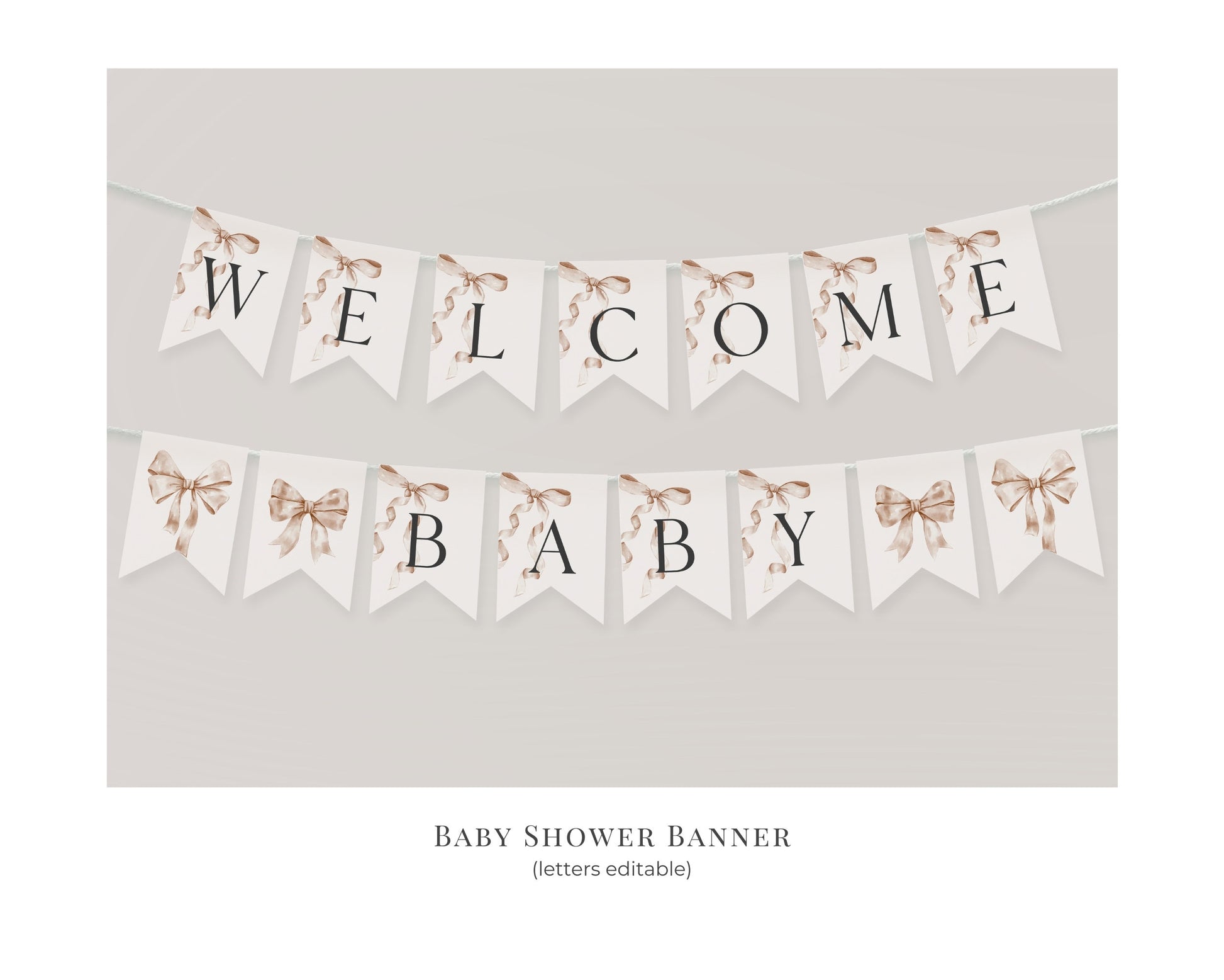 Beige Bow Baby Shower Banner Printable Template, Neutral preppy coquette bow theme party for fancy southern girl, grandmillenial bow decor