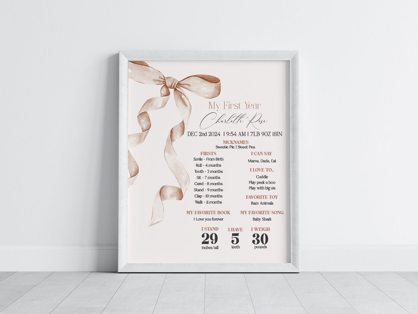 Beige Bow First Year Milestone Sign Printable Template, Neutral preppy coquette bow theme party for fancy southern girl grandmillenial bow