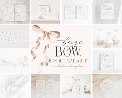 Beige Bow First Year Milestone Sign Printable Template, Neutral preppy coquette bow theme party for fancy southern girl grandmillenial bow