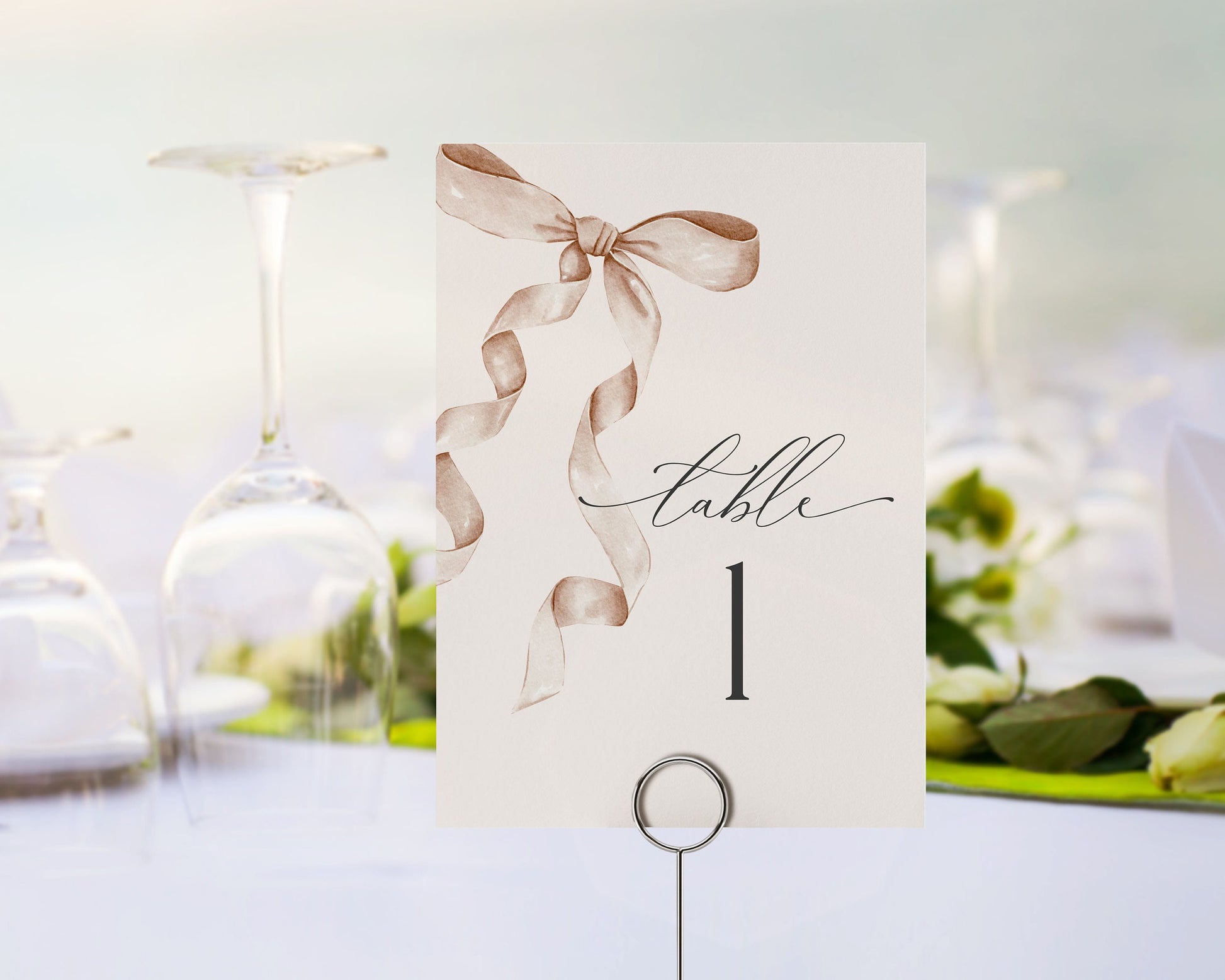 Beige Bow Table Number Cards Printable Template, Neutral preppy coquette bow theme party for fancy southern girl, grandmillenial bow decor