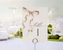  Beige Bow Table Number Cards Printable Template, Neutral preppy coquette bow theme party for fancy southern girl, grandmillenial bow decor