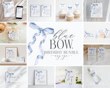  Blue Bow Birthday Bundle Printable Template, Watercolor preppy coquette bow theme party for fancy southern girl, grandmillenial bow decor