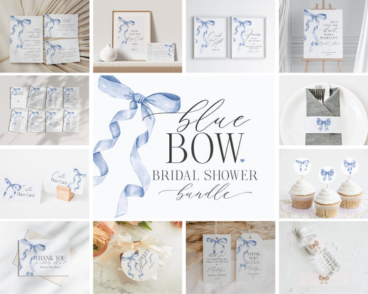 Blue Bow Bridal Shower Bundle Printable Template, Shes Tying the Knot preppy coquette bow theme party for fancy southern bride