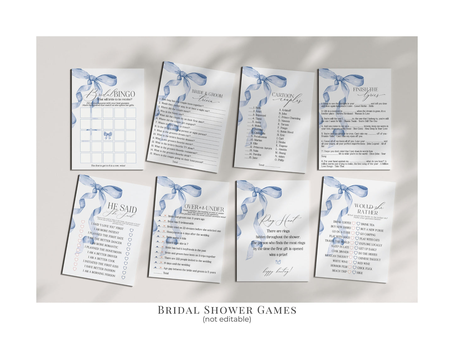 Blue Bow Bridal Shower Bundle Printable Template, Shes Tying the Knot preppy coquette bow theme party for fancy southern bride