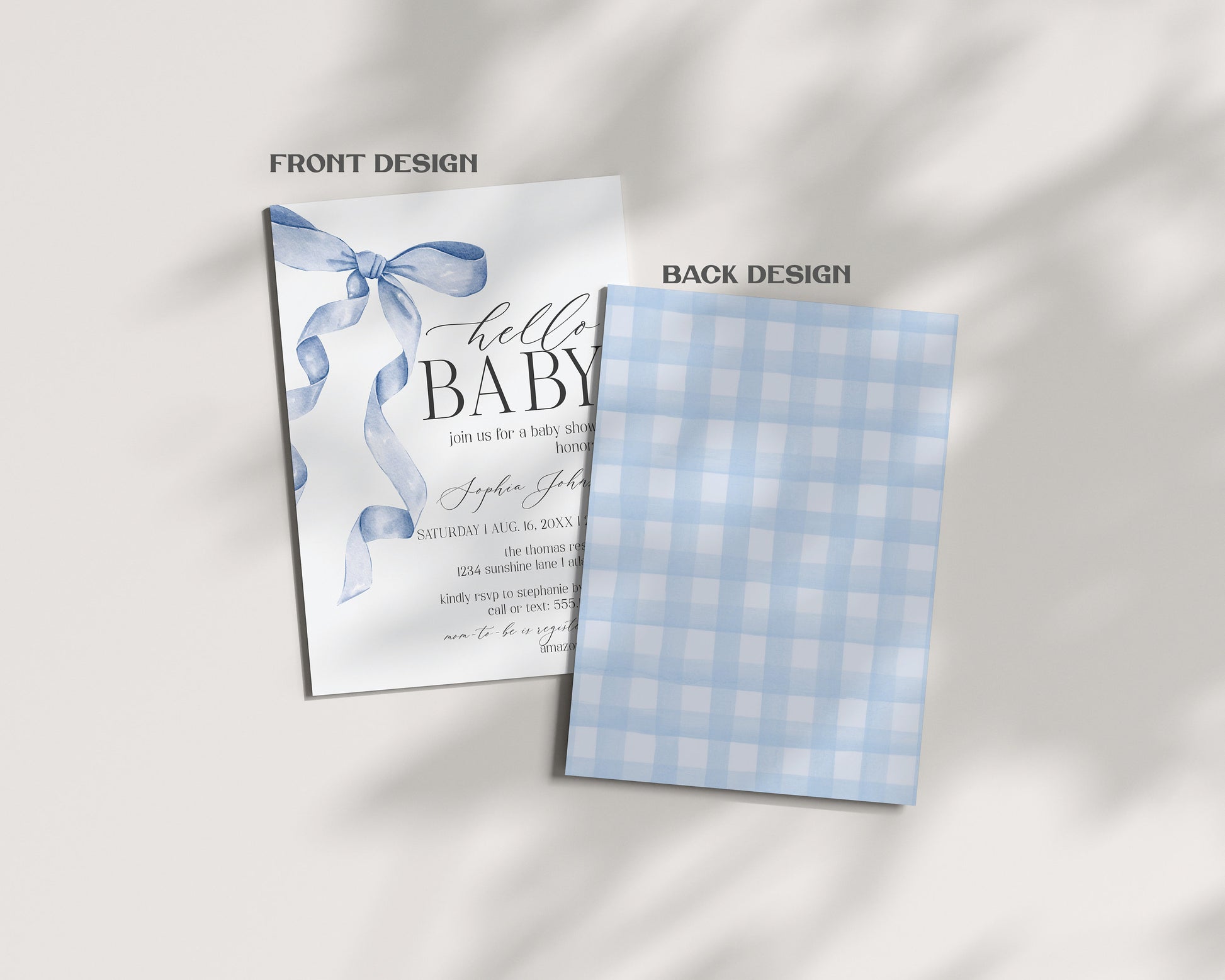 Blue Bow Baby Shower Invitation Printable Template, Gender Neutral preppy coquette bow theme party for fancy southern grandmillenial girl