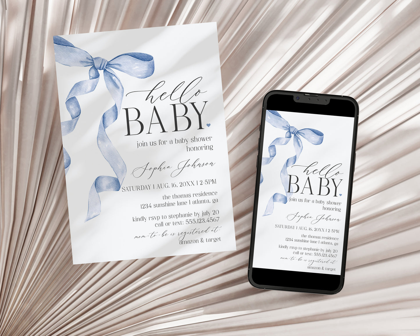 Blue Bow Baby Shower Invitation Printable Template, Gender Neutral preppy coquette bow theme party for fancy southern grandmillenial girl