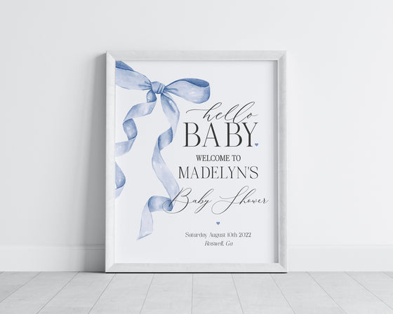 Blue Bow Baby Shower Welcome Sign Printable Template, Gender Neutral preppy coquette bow theme party for fancy southern grandmillenial girl