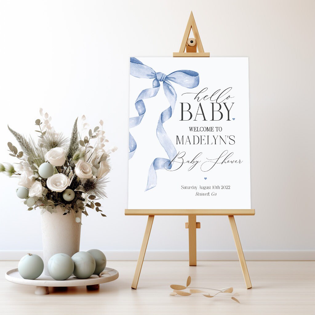 Blue Bow Baby Shower Welcome Sign Printable Template, Gender Neutral preppy coquette bow theme party for fancy southern grandmillenial girl