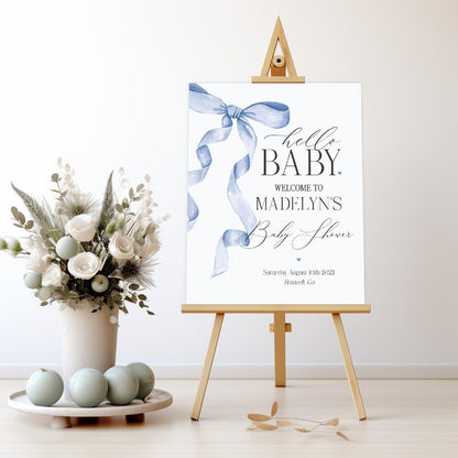 Blue Bow Baby Shower Welcome Sign Printable Template, Gender Neutral preppy coquette bow theme party for fancy southern grandmillenial girl