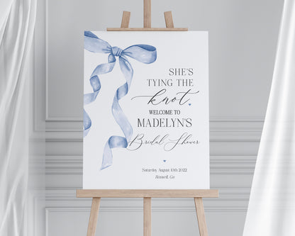 Blue Bow Bridal Shower Welcome Sign Printable Template, Shes Tying the Knot preppy coquette bow theme party for fancy southern bride