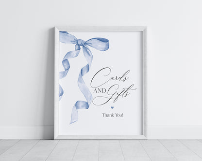 Blue Bow Cards & Gifts and Favors Sign Printable Template, Neutral preppy coquette bow theme party for fancy southern girl grandmillenial