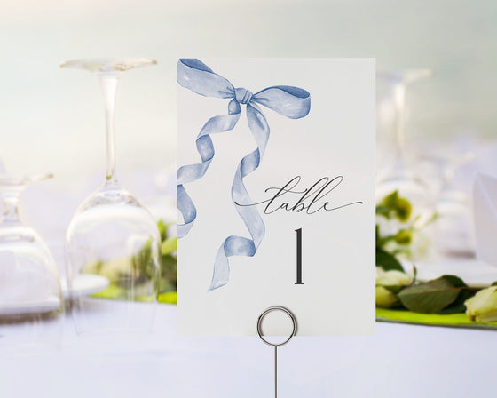 Blue Bow Table Number Cards Printable Template, Neutral preppy coquette bow theme party for fancy southern girl, grandmillenial bow decor