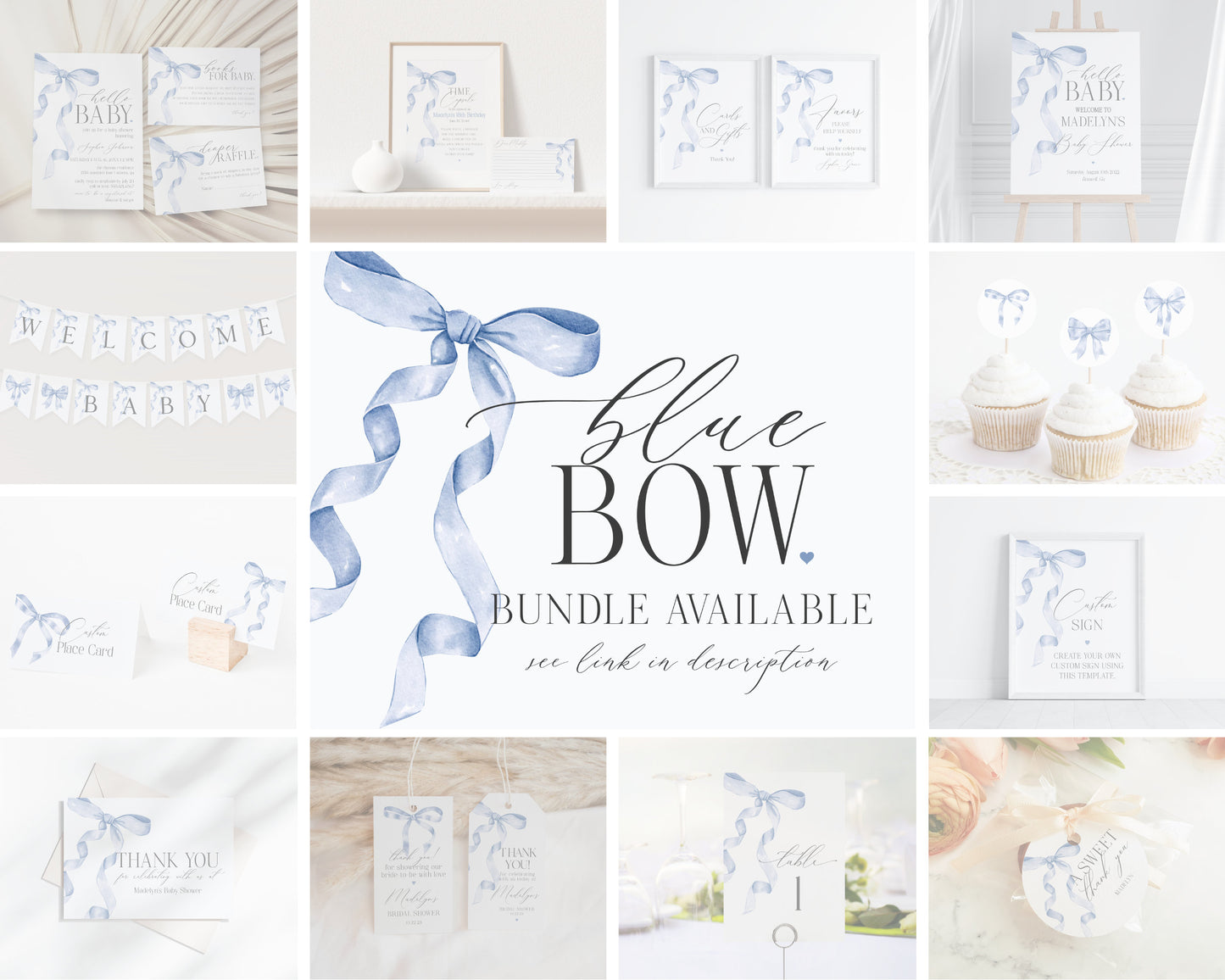 Blue Bow Baby Shower Guess the Date Game Template, Neutral preppy coquette bow theme party for fancy southern girl, grandmillenial bow