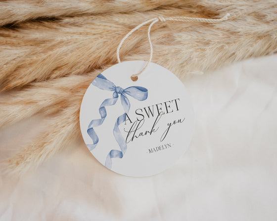 Blue Bow Bridal Shower Favor Tags Printable Template, Neutral preppy coquette bow theme party for fancy southern girl, grandmillenial bow