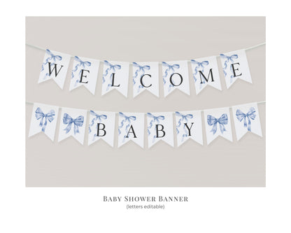 Blue Bow Baby Shower Banner Printable Template, Neutral preppy coquette bow theme party for fancy southern girl, grandmillenial bow decor