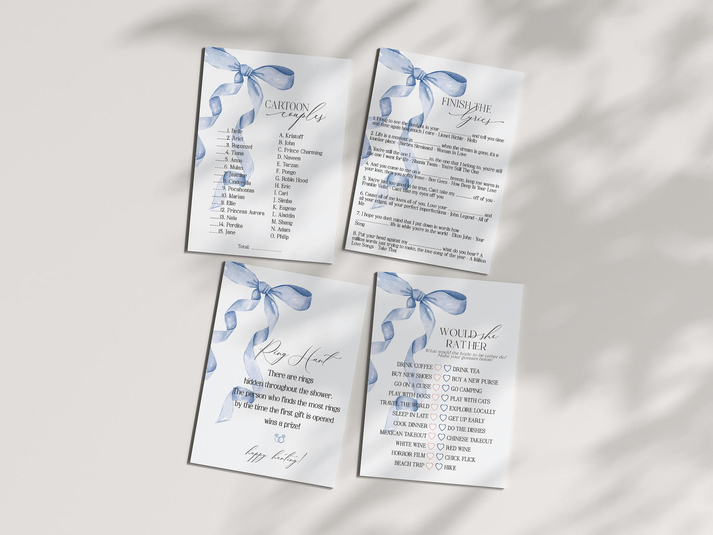 Blue Bow Baby Shower Games Printable Template, Watercolor preppy coquette bow theme party for fancy southern girl, grandmillenial bow decor