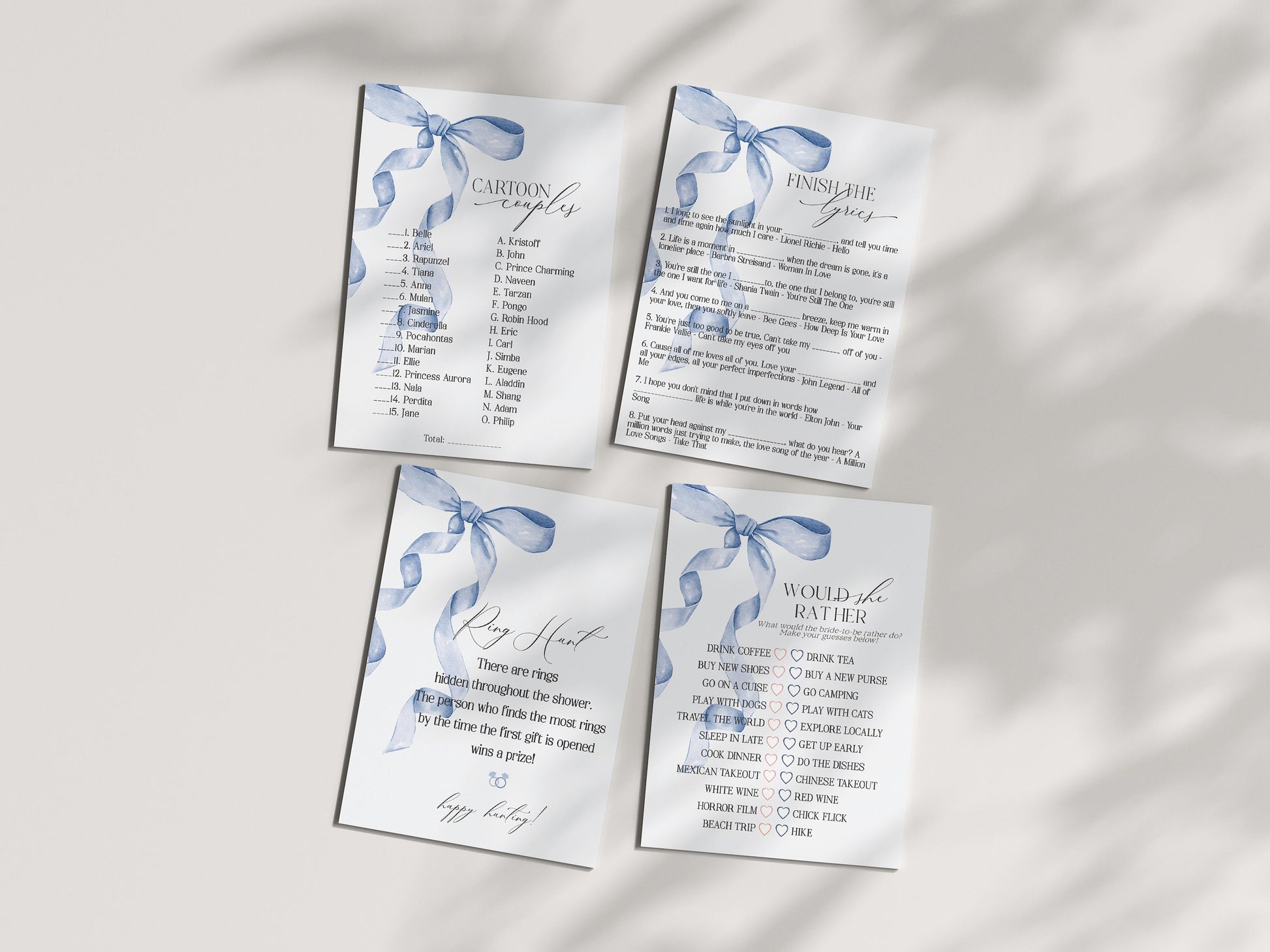 Blue Bow Baby Shower Games Printable Template, Watercolor preppy coquette bow theme party for fancy southern girl, grandmillenial bow decor