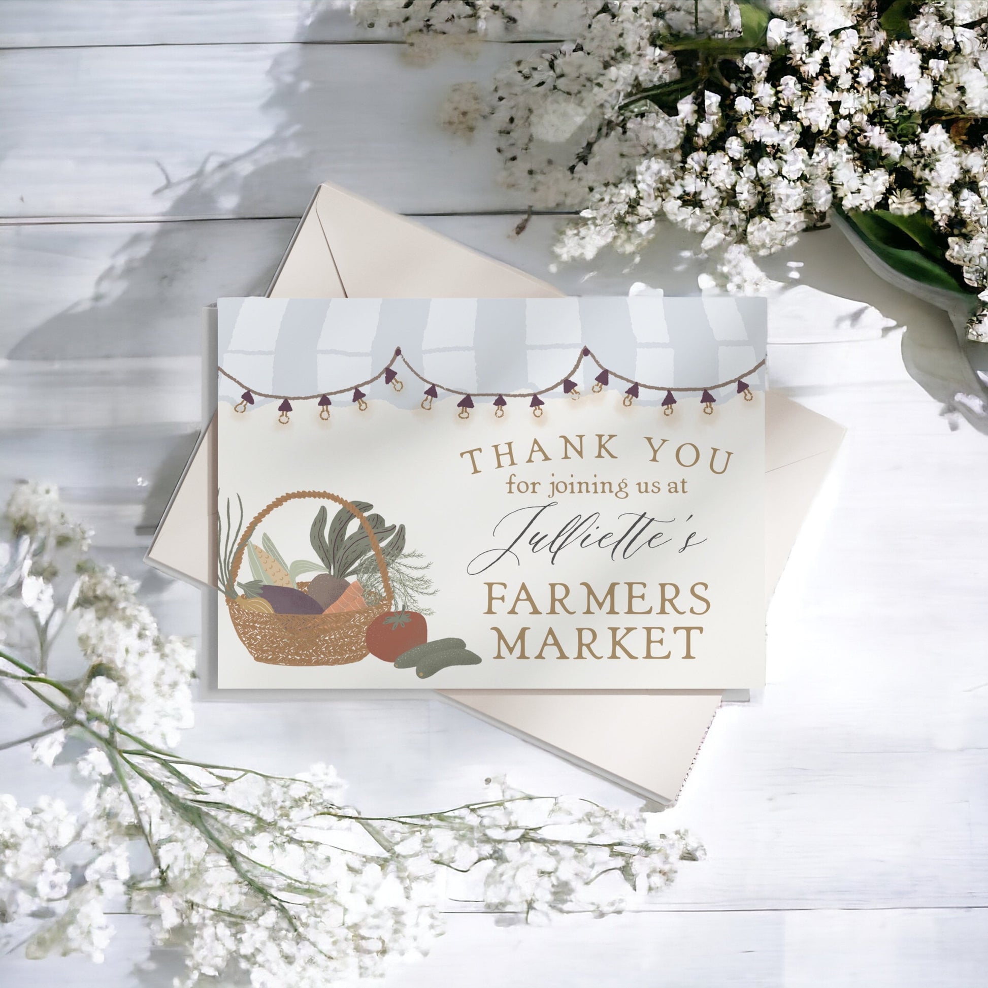 Blue Farmers Market Thank You Card Printable Template, Homegrown, Farm Fresh Party for Gender Neutral Shower, Locally Grown Party Decor