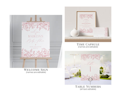 Pink Chinoiserie Baby Shower Printable Bundle, Pink Toile Baby Shower for Spring, Elegant Shower Decor for French Baby Shower