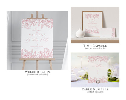 Pink Chinoiserie First Birthday Bundle Printable Template, Elegant Pink Toile Decor for Birthday Party, French Theme Spring Birthday Party