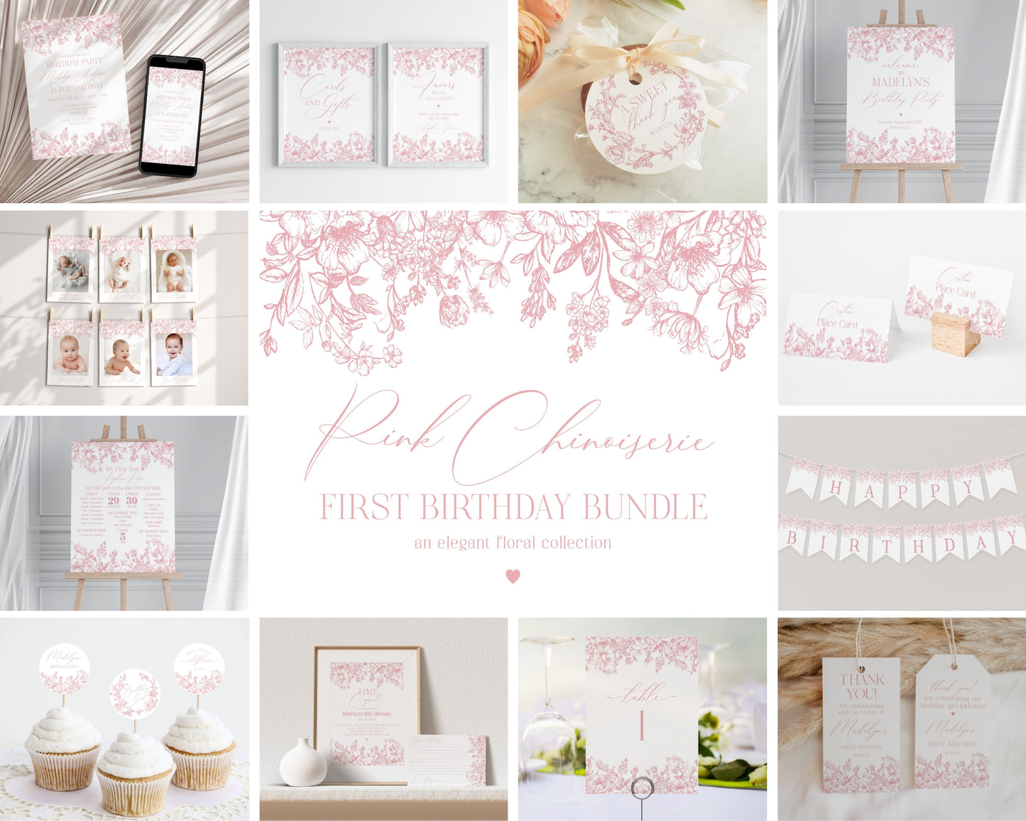 Pink Chinoiserie First Birthday Bundle Printable Template, Elegant Pink Toile Decor for Birthday Party, French Theme Spring Birthday Party