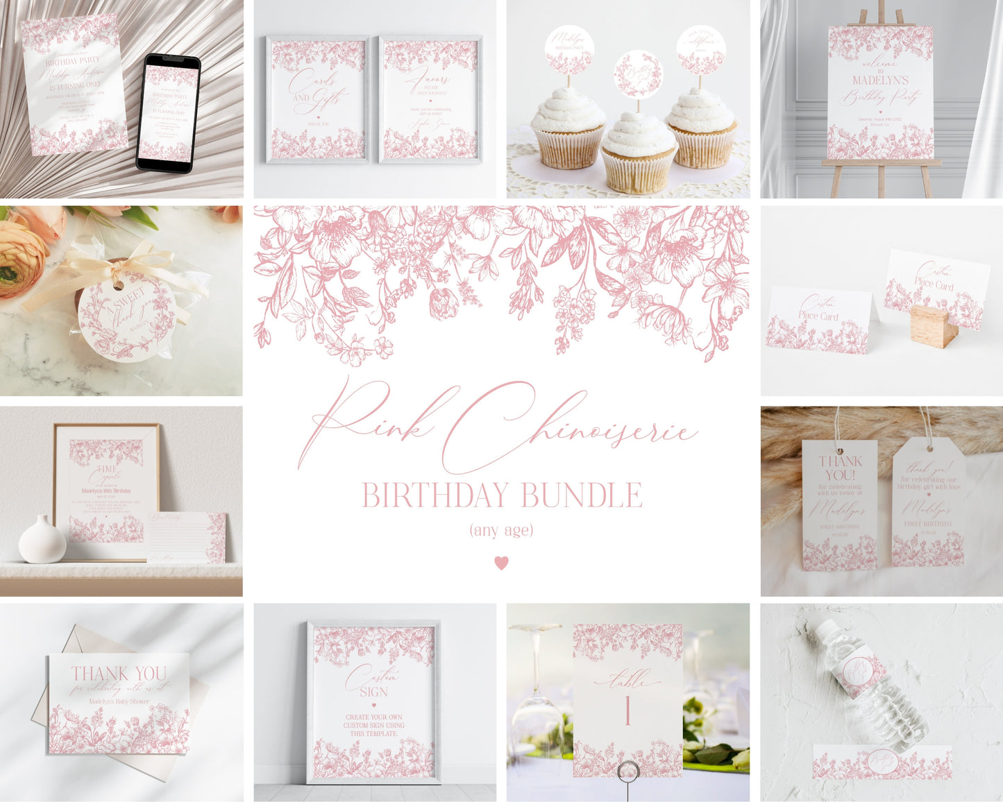 Pink Chinoiserie Birthday Bundle Printable Template, any age Elegant Pink Toile Decor for Birthday Party, French Theme Spring Birthday Party