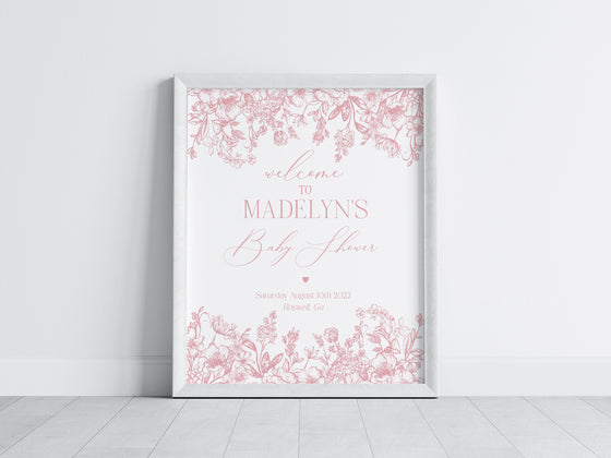 Pink Chinoiserie Baby Shower Welcome Sign Printable Template, Pink Toile Baby Shower for Spring, Elegant Shower Decor for French Baby Shower
