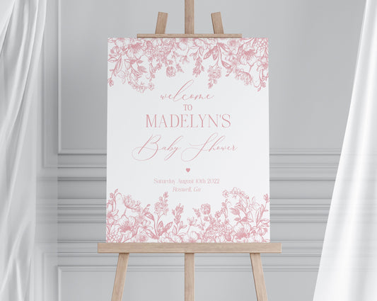 Pink Chinoiserie Baby Shower Welcome Sign Printable Template, Pink Toile Baby Shower for Spring, Elegant Shower Decor for French Baby Shower