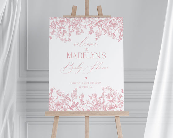 Pink Chinoiserie Baby Shower Welcome Sign Printable Template, Pink Toile Baby Shower for Spring, Elegant Shower Decor for French Baby Shower