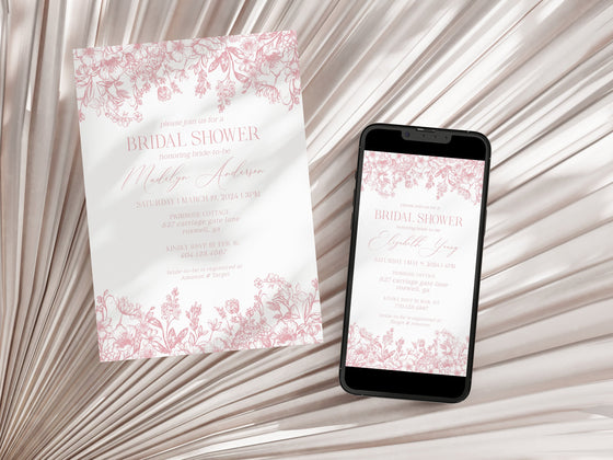 Pink Chinoiserie Bridal Shower Invitation Bundle Printable Template, Pink Chinoiserie Toile Bridal Shower, Spring Decor for French Shower