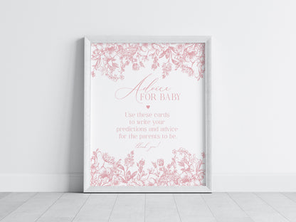 Pink Chinoiserie Advice for Baby Cards Printable Template, Pink Toile Baby Shower for Spring, Elegant Shower Decor for French Baby Shower