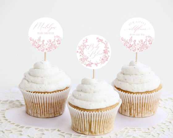 Pink Chinoiserie Baby Shower Cupcake Toppers Printable Template, Pink Toile Baby Shower for Spring, Elegant Shower Decor French Baby Shower