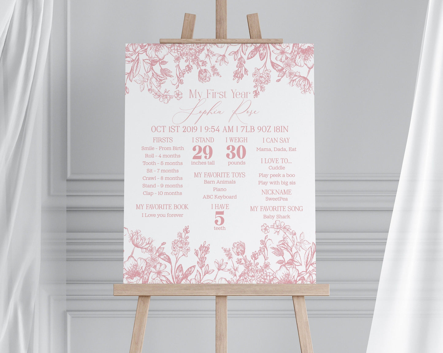 Pink Chinoiserie First Year Milestone Sign Instant Download, Elegant Pink Toile Decor for Birthday Party, French Theme Spring Birthday Party