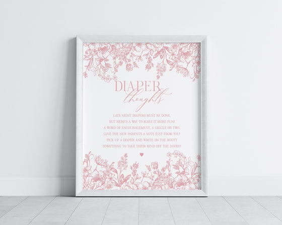 Pink Chinoiserie Baby Shower Diaper Thoughts Sign Printable Template, Pink Toile Baby in Bloom Elegant Baby Shower for Spring French Shower