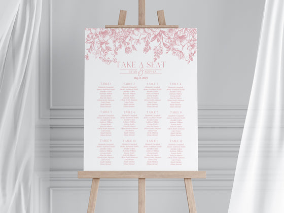 Pink Chinoiserie Wedding Seating Chart Printable Template, Pink Chinoiserie Toile Bridal Shower Spring Shower Decor for French Bridal Shower