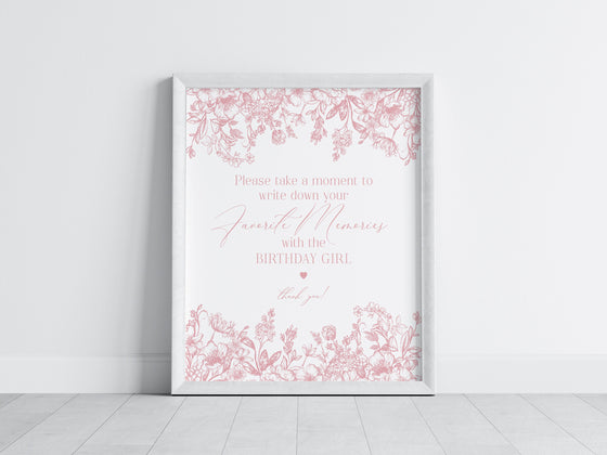Pink Chinoiserie Share your memories with the Birthday Girl, Elegant Pink Toile Decor for Birthday Party, French Theme Spring Birthday Party