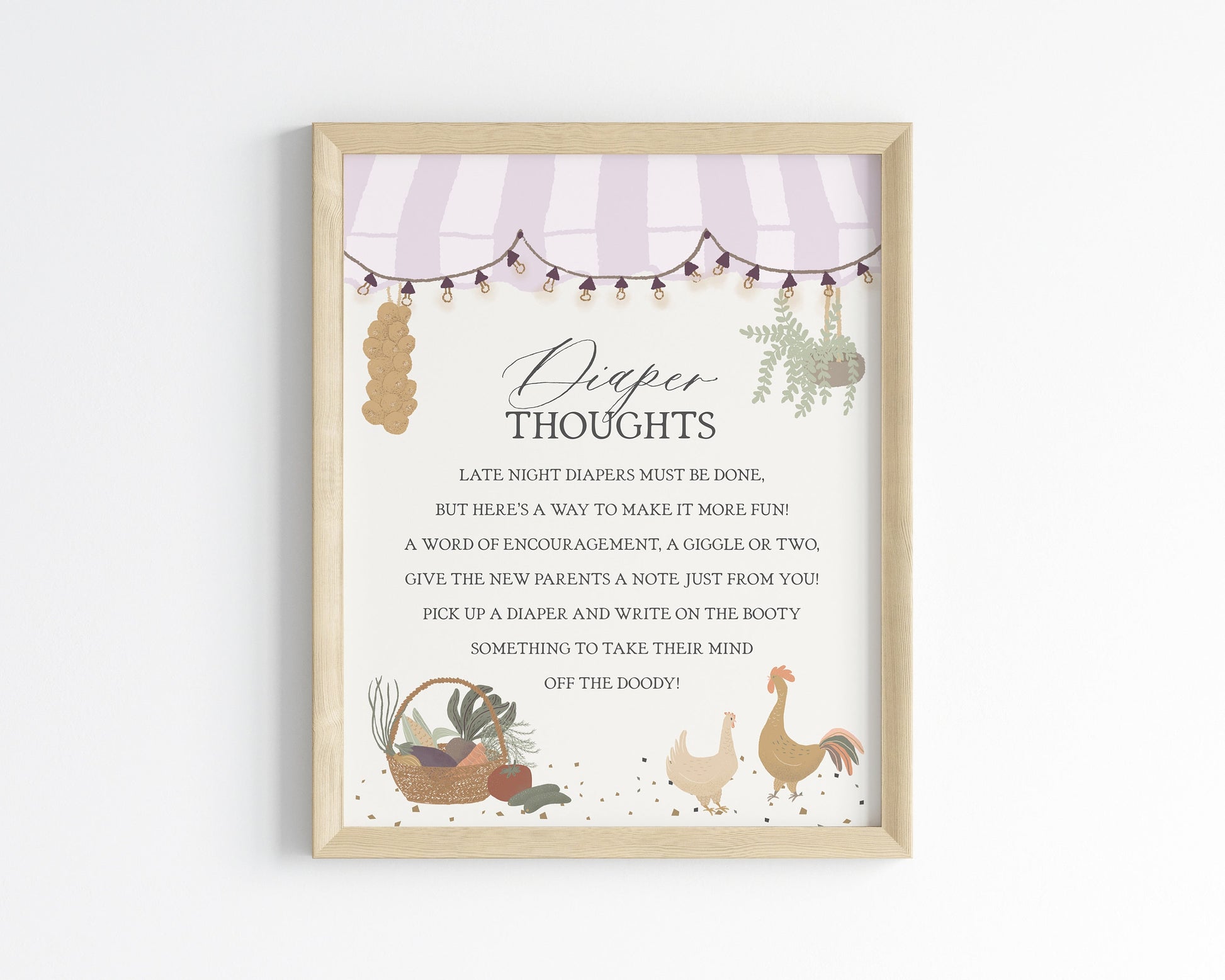 Pink Farmers Market Baby Shower Diaper Thoughts Sign Printable Template, Farm Fresh Party for Girl Baby Shower, Locally Grown Party Decor