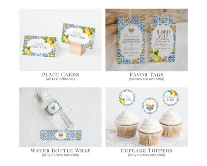 Amalfi Coast Baby Shower Printable Bundle, Lemon Citrus Mediterranean decor with blue tiles, Italian theme tuscan beach party, Coastal Baby