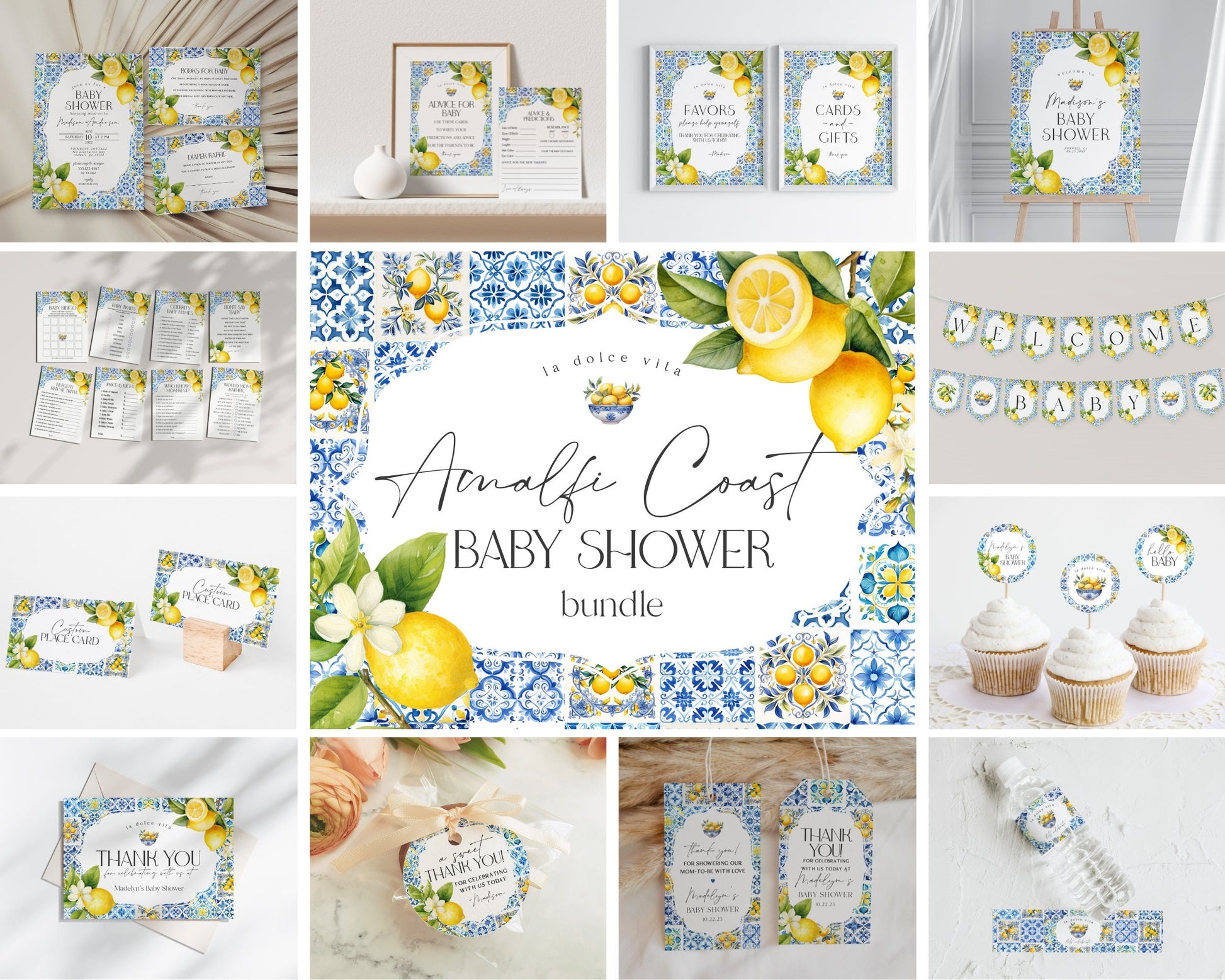 Amalfi Coast Baby Shower Printable Bundle, Lemon Citrus Mediterranean decor with blue tiles, Italian theme tuscan beach party, Coastal Baby