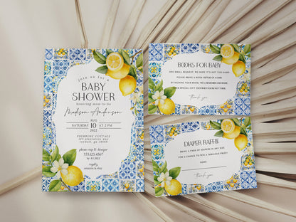 Amalfi Coast Baby Shower Printable Bundle, Lemon Citrus Mediterranean decor with blue tiles, Italian theme tuscan beach party, Coastal Baby