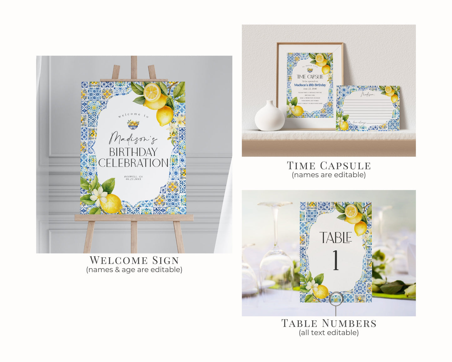 Amalfi Coast Birthday Bundle Printable Template, Citrus Mediterranean bday decor with blue tiles, Coastal Italian theme tuscan beach party