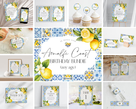 Amalfi Coast Birthday Bundle Printable Template, Citrus Mediterranean bday decor with blue tiles, Coastal Italian theme tuscan beach party