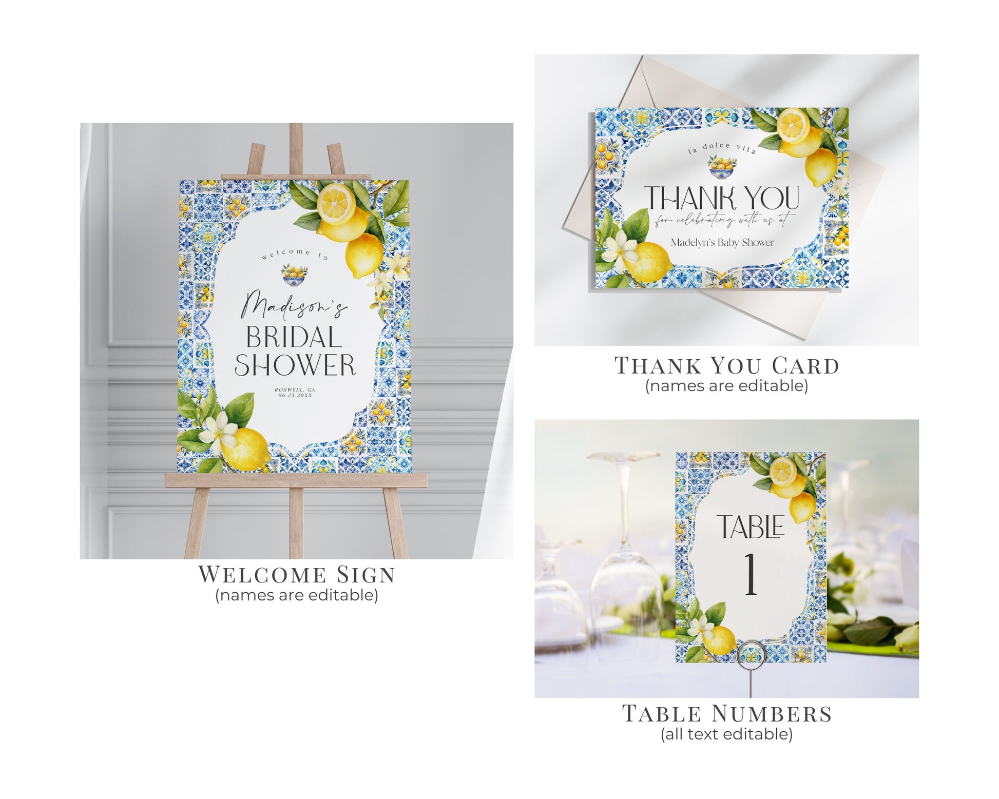 Amalfi Coast Bridal Shower Printable Bundle, Lemon Citrus Mediterranean shower decor with blue tile, Coastal Italian tuscan beach party