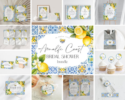 Amalfi Coast Bridal Shower Printable Bundle, Lemon Citrus Mediterranean shower decor with blue tile, Coastal Italian tuscan beach party